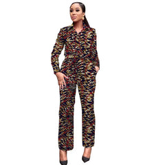 African Wax Print Women Outfits Turn Down Collar Shirts Patch Casual