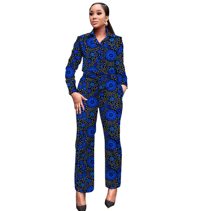 African Wax Print Women Outfits Turn Down Collar Shirts Patch Casual